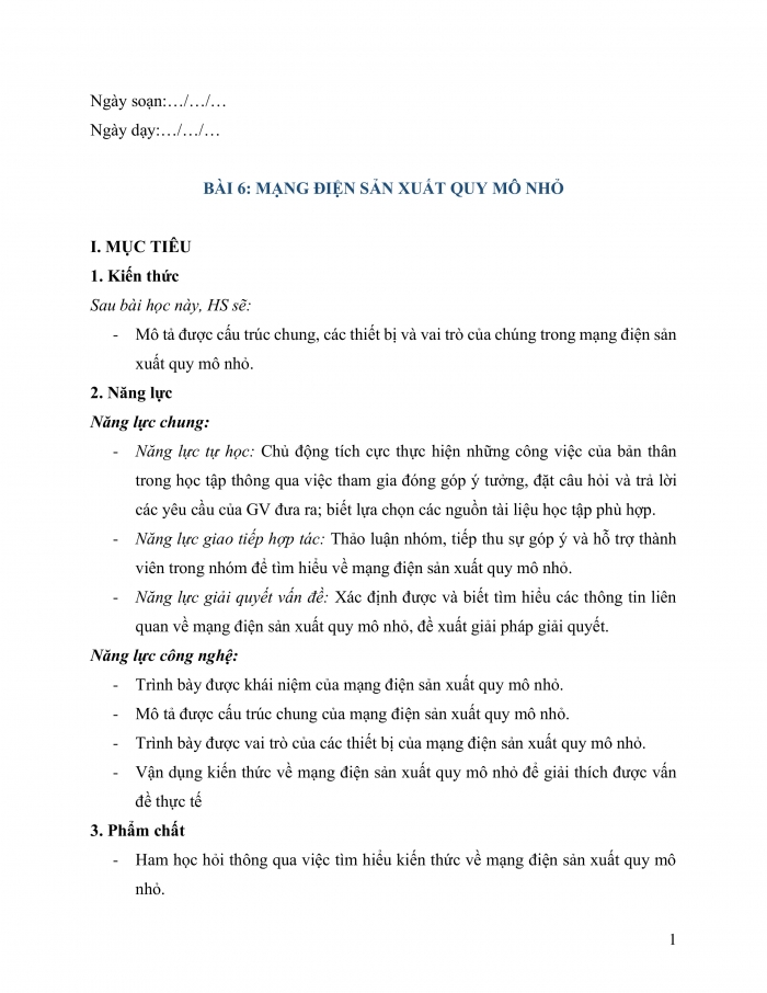 Giáo án và PPT công nghệ 12 điện - điện tử Cánh diều bài 6: Mạng điện sản xuất quy mô nhỏ