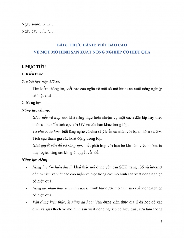 Giáo án và PPT Địa lí 9 kết nối bài 6: Thực hành Viết báo cáo về một mô hình sản xuất nông nghiệp có hiệu quả