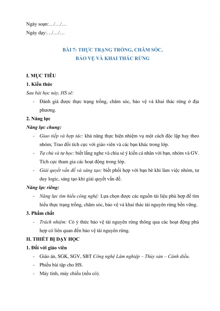 Giáo án và PPT công nghệ 12 lâm nghiệp thủy sản Cánh diều bài 7: Thực trạng trồng, chăm sóc, bảo vệ và khai thác rừng