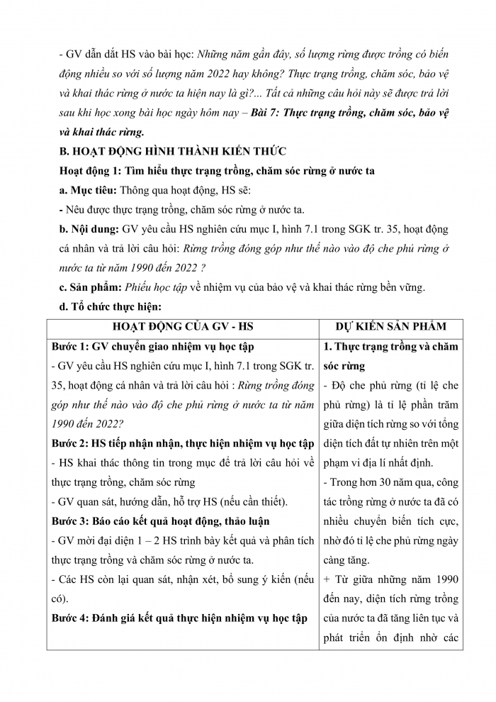 Giáo án và PPT công nghệ 12 lâm nghiệp thủy sản Cánh diều bài 7: Thực trạng trồng, chăm sóc, bảo vệ và khai thác rừng