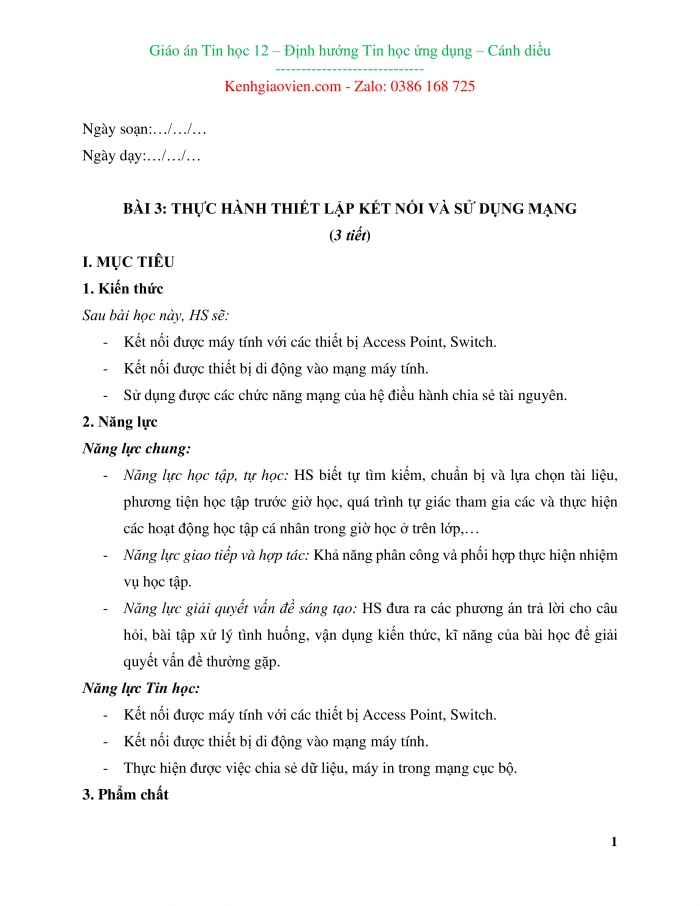 Giáo án và PPT Tin học ứng dụng 12 cánh diều bài 3: Thực hành thiết lập kết nối và sử dụng mạng