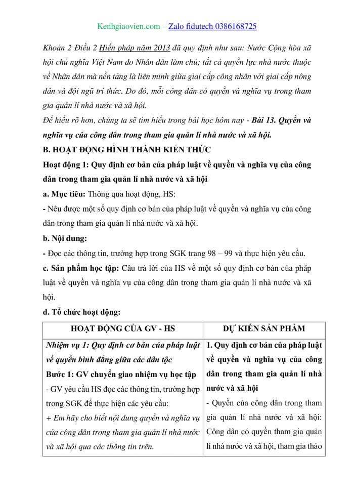 Giáo án và PPT Kinh tế pháp luật 11 chân trời Bài 13: Quyền và nghĩa vụ công dân trong tham gia quản lí nhà nước và xã hội