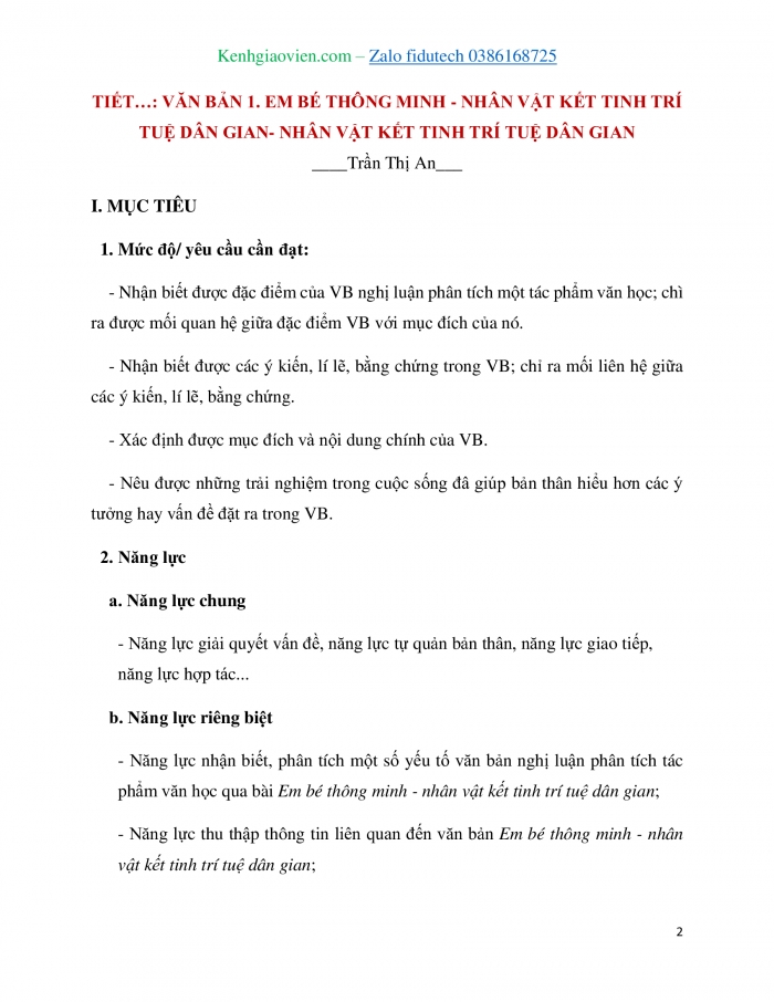 Giáo án và PPT Ngữ văn 7 chân trời Bài 3: Em bé thông minh – nhân vật kết tinh trí tuệ dân gian (Theo Trần Thị Anh)