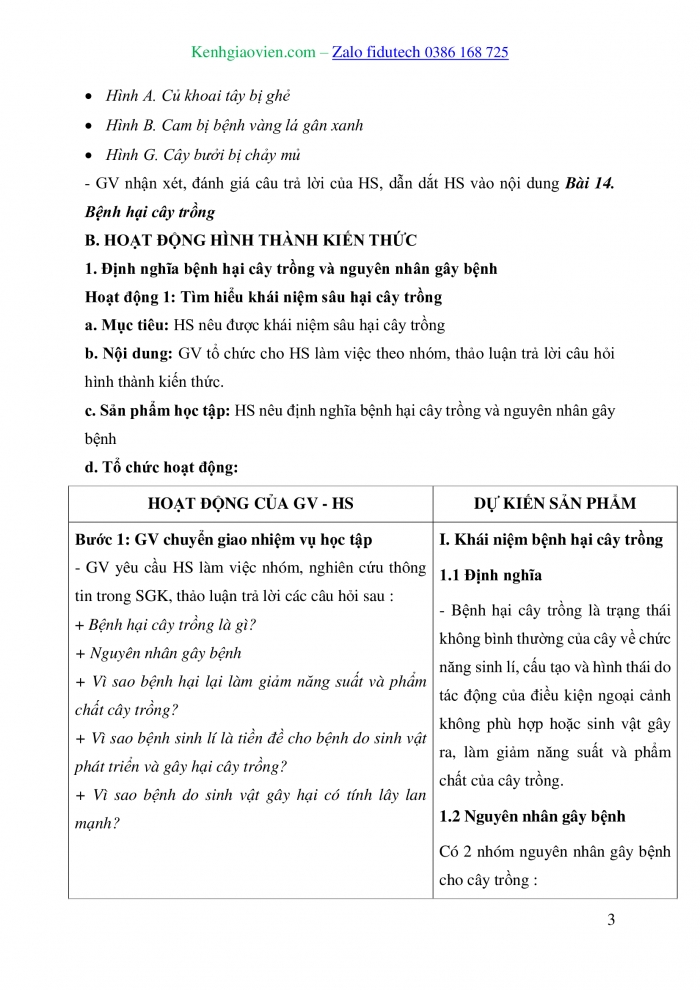 Giáo án và PPT Công nghệ trồng trọt 10 cánh diều Bài 14: Bệnh hại cây trồng