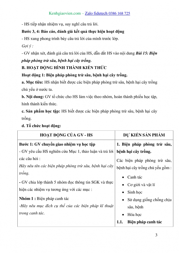 Giáo án và PPT Công nghệ trồng trọt 10 cánh diều Bài 15: Biện pháp phòng trừ sâu, bệnh hại cây trồng