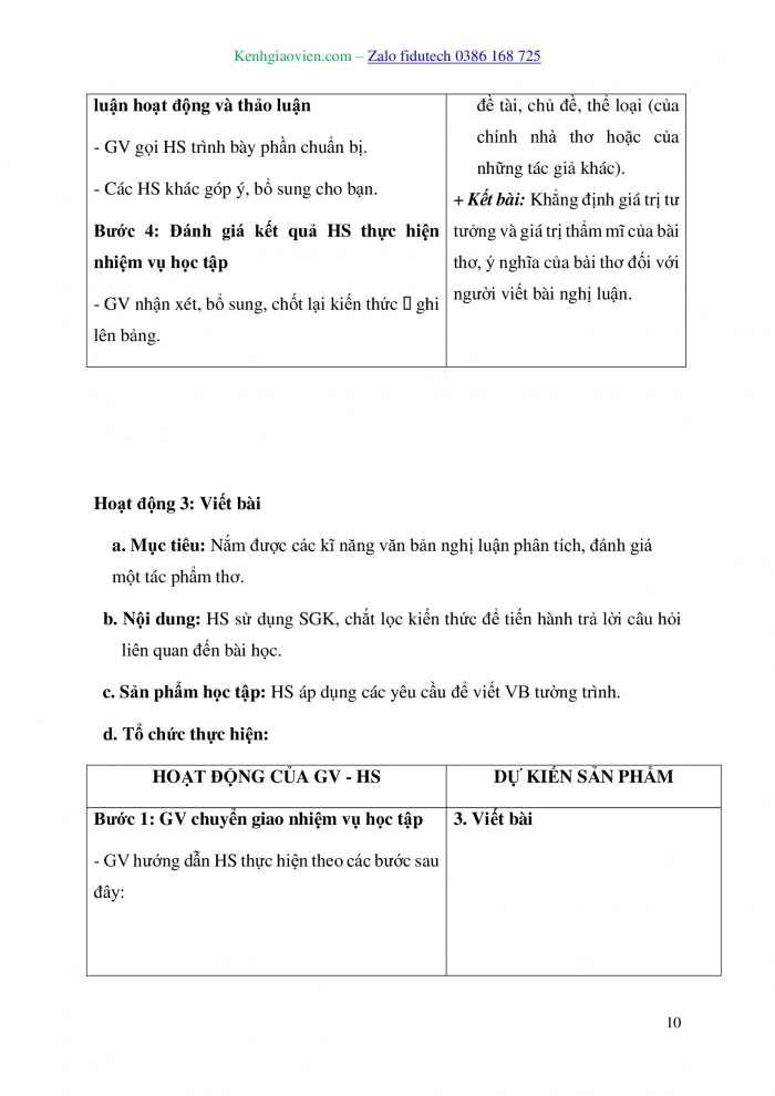 Giáo án và PPT Ngữ văn 10 kết nối Bài 2: Viết văn bản nghị luận phân tích, đánh giá một tác phẩm thơ