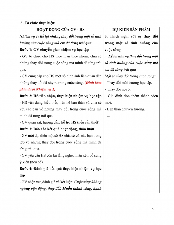 Giáo án và PPT Hoạt động trải nghiệm 9 chân trời bản 2 Chủ đề 2: Thích nghi với những thay đổi trong cuộc sống - Tuần 6