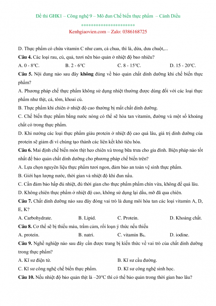 Đề thi Công nghệ 9 - Chế biến thực phẩm cánh diều có ma trận