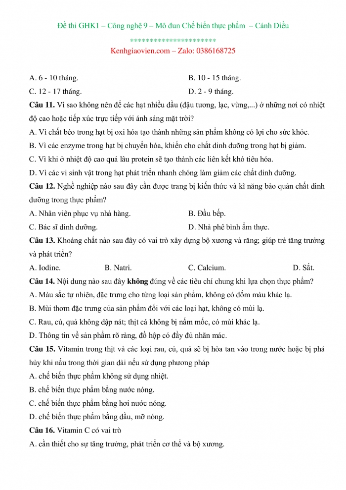 Đề thi Công nghệ 9 - Chế biến thực phẩm cánh diều có ma trận