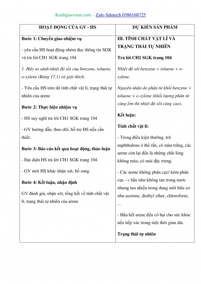 Giáo án và PPT Hoá học 11 kết nối Bài 17: Arene (Hydrocarbon thơm)