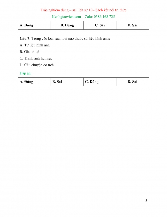 Trắc nghiệm đúng sai Lịch sử 10 kết nối tri thức