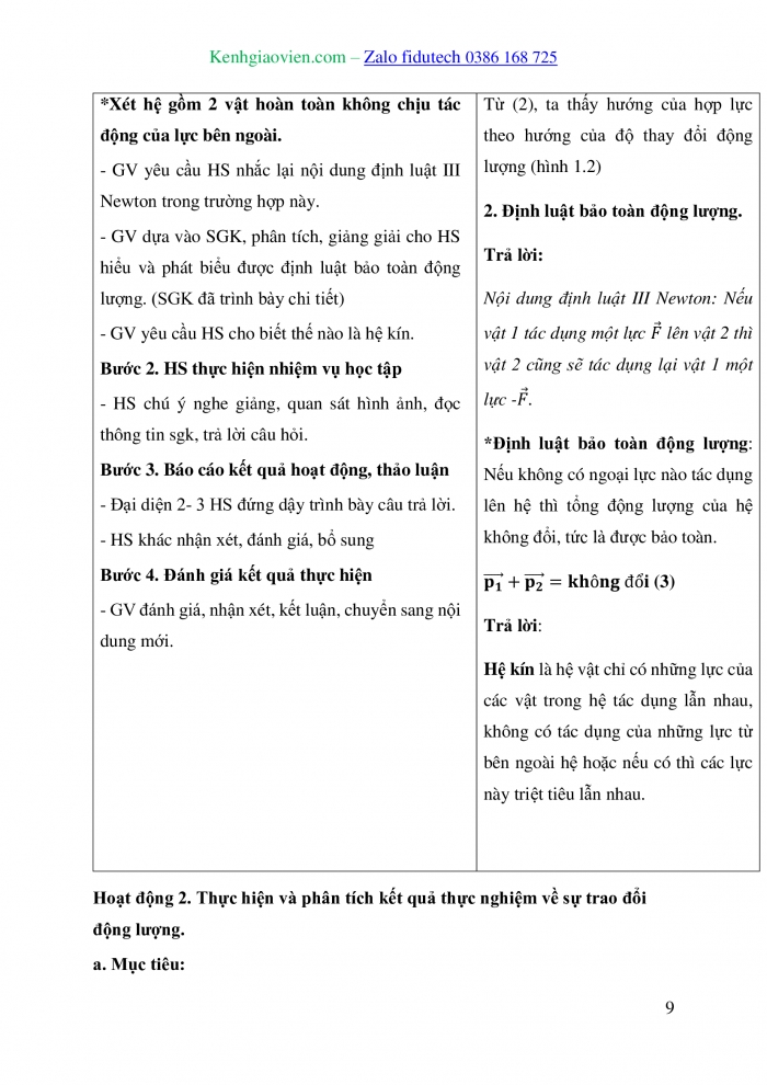 Giáo án và PPT Vật lí 10 cánh diều Bài 1: Động lượng và định luật bảo toàn động lượng