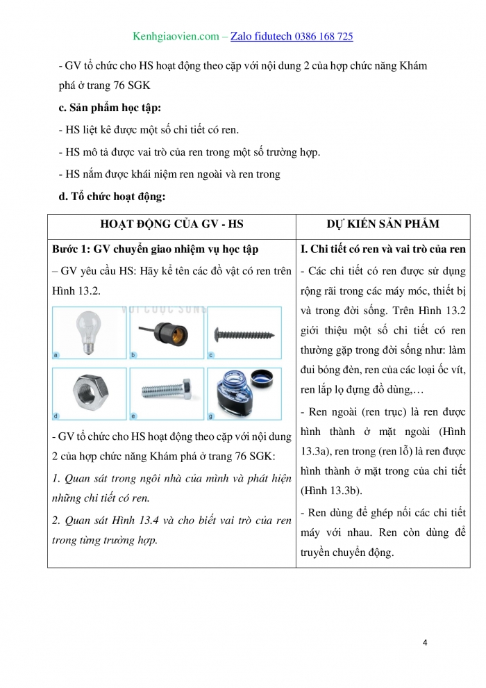 Giáo án và PPT Thiết kế và Công nghệ 10 kết nối Bài 13: Biểu diễn quy ước ren