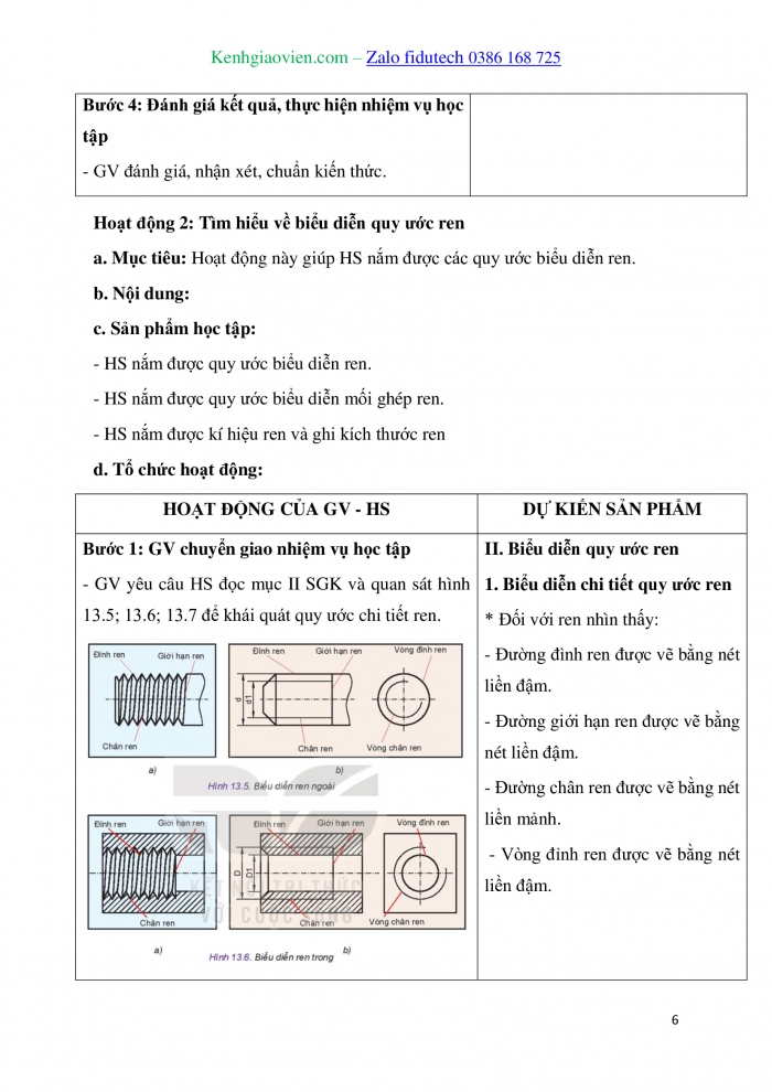 Giáo án và PPT Thiết kế và Công nghệ 10 kết nối Bài 13: Biểu diễn quy ước ren