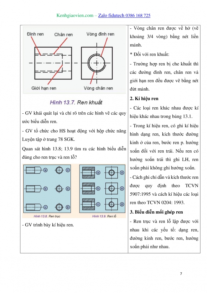 Giáo án và PPT Thiết kế và Công nghệ 10 kết nối Bài 13: Biểu diễn quy ước ren