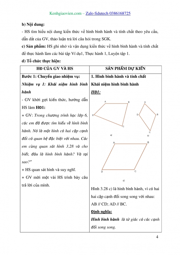 Giáo án và PPT Toán 8 kết nối Bài 12: Hình bình hành