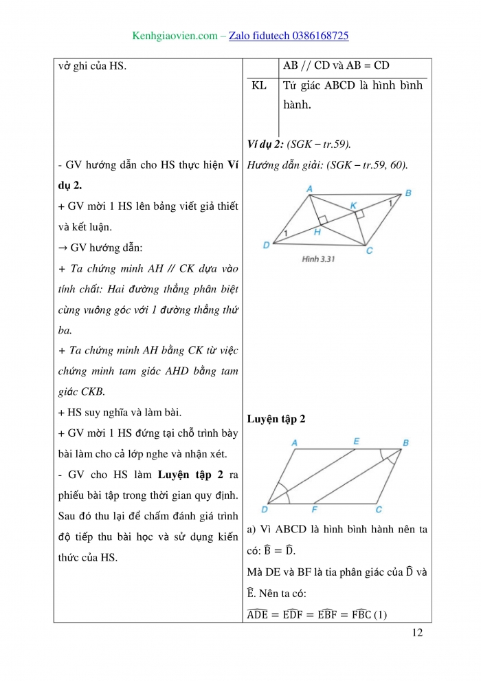 Giáo án và PPT Toán 8 kết nối Bài 12: Hình bình hành