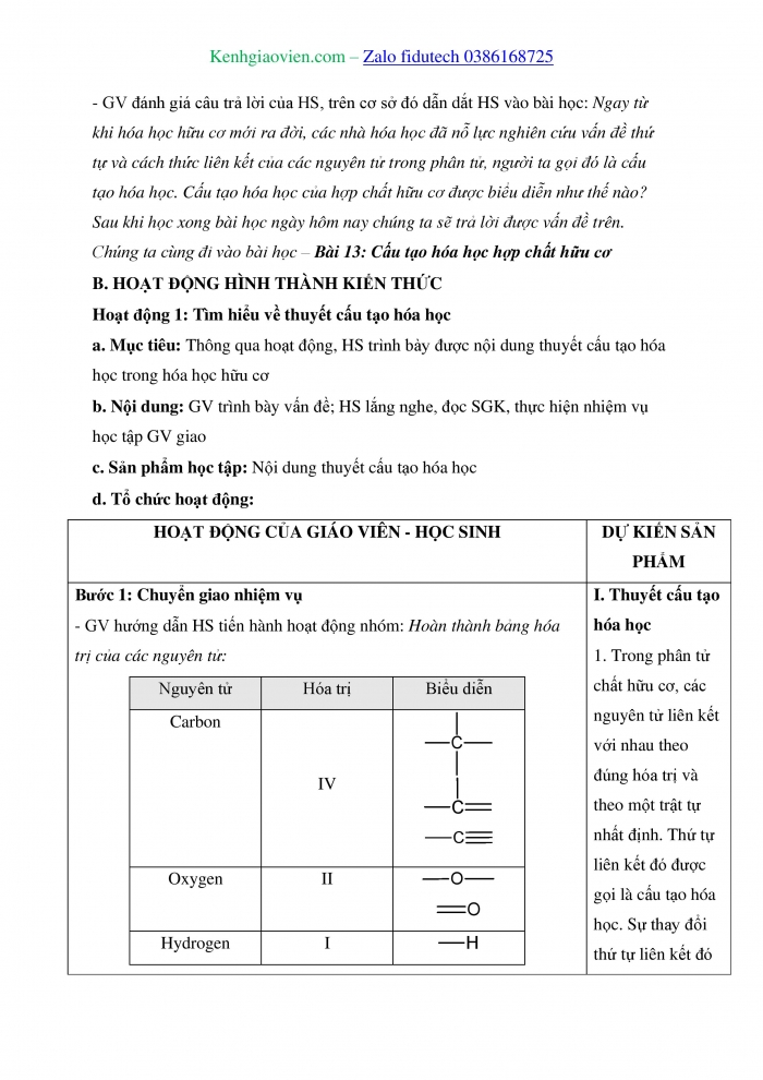 Giáo án và PPT Hoá học 11 kết nối Bài 13: Cấu tạo hoá học hợp chất hữu cơ