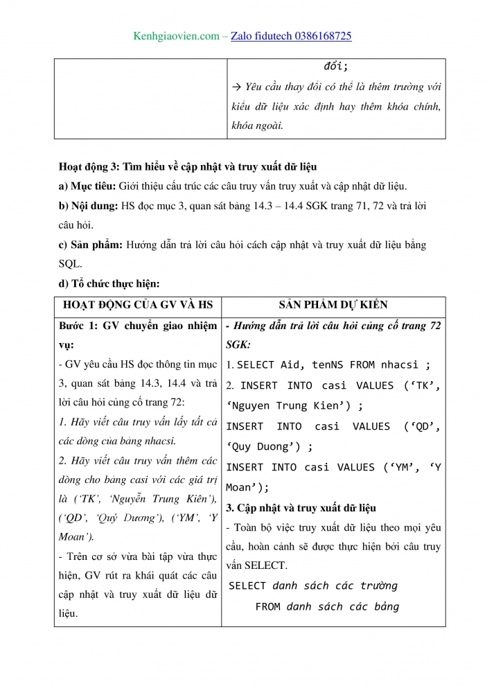 Giáo án và PPT Tin học ứng dụng 11 kết nối Bài 14: SQL – Ngôn ngữ truy vấn có cấu trúc