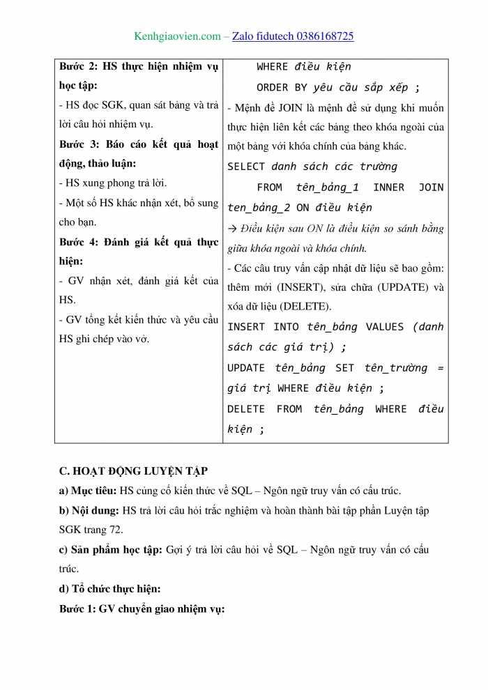 Giáo án và PPT Tin học ứng dụng 11 kết nối Bài 14: SQL – Ngôn ngữ truy vấn có cấu trúc