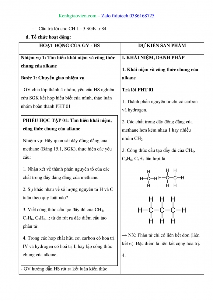 Giáo án và PPT Hoá học 11 kết nối Bài 15: Alkane