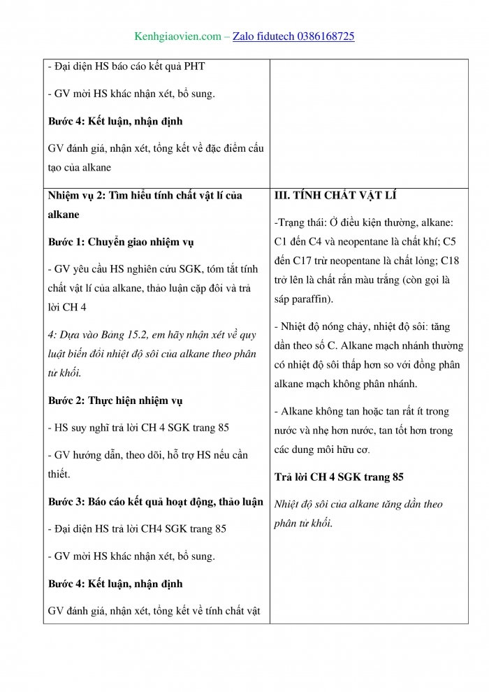 Giáo án và PPT Hoá học 11 kết nối Bài 15: Alkane