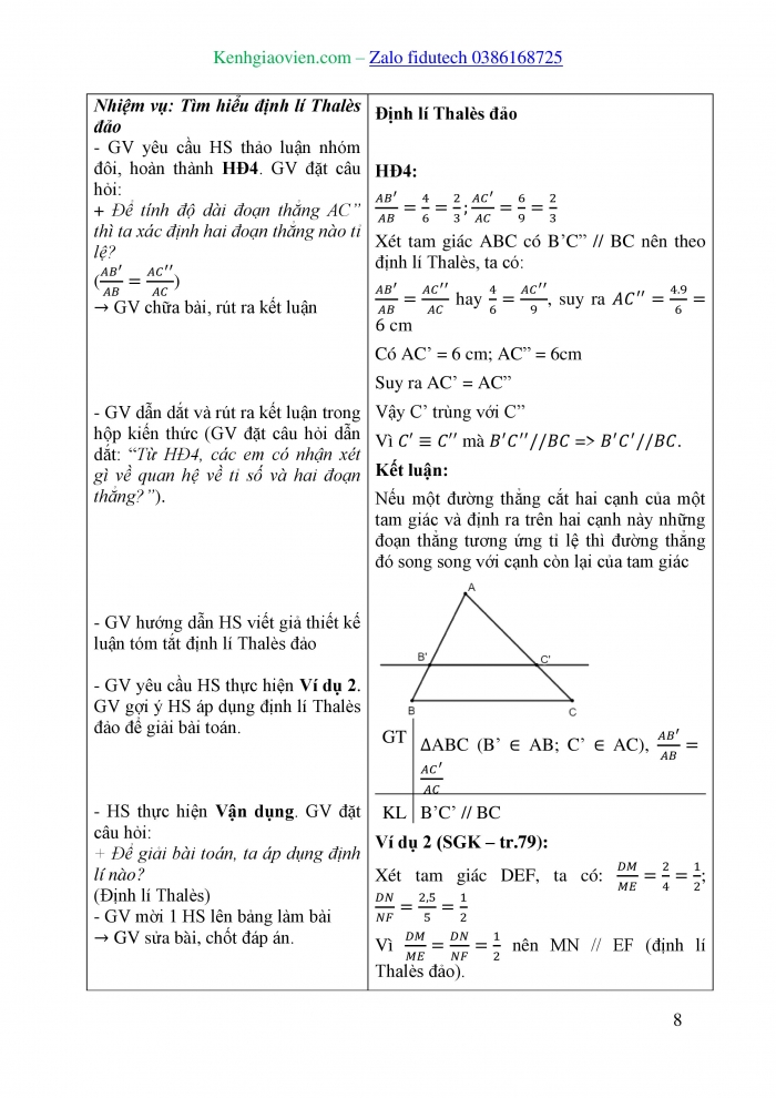 Giáo án và PPT Toán 8 kết nối Bài 15: Định lí Thalès trong tam giác