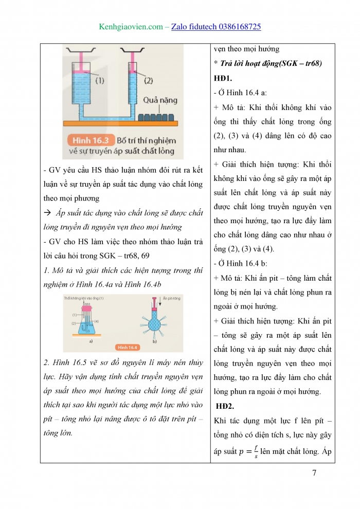 Giáo án và PPT KHTN 8 kết nối Bài 16: Áp suất chất lỏng. Áp suất khí quyển