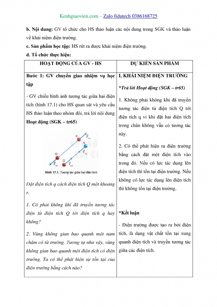 Giáo án và PPT Vật lí 11 kết nối Bài 17: Khái niệm điện trường