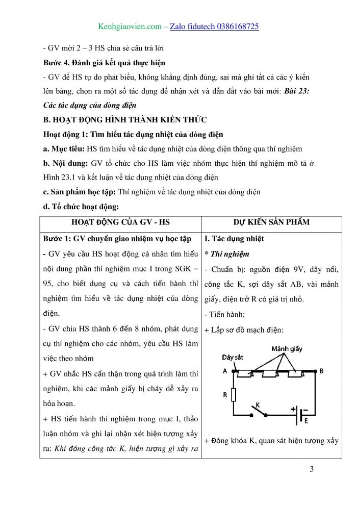 Giáo án và PPT KHTN 8 kết nối Bài 23: Tác dụng của dòng điện