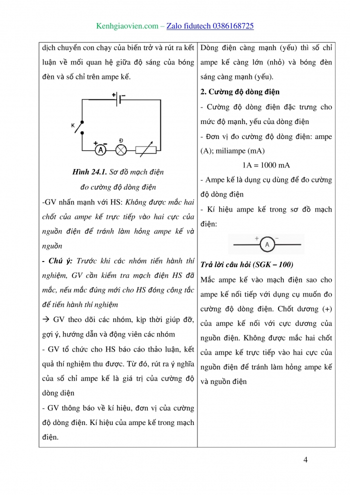 Giáo án và PPT KHTN 8 kết nối Bài 24: Cường độ dòng điện và hiệu điện thế