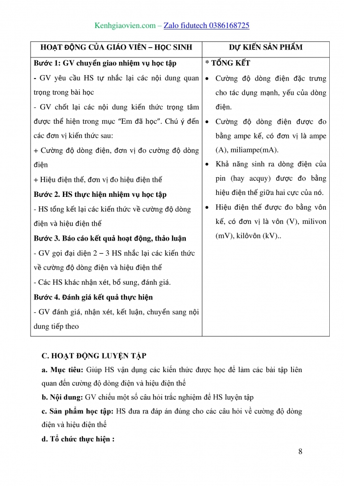 Giáo án và PPT KHTN 8 kết nối Bài 24: Cường độ dòng điện và hiệu điện thế