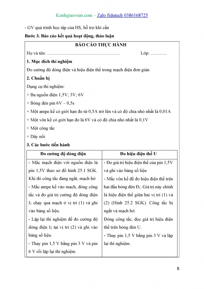 Giáo án và PPT KHTN 8 kết nối Bài 25: Thực hành đo cường độ dòng điện và hiệu điện thế