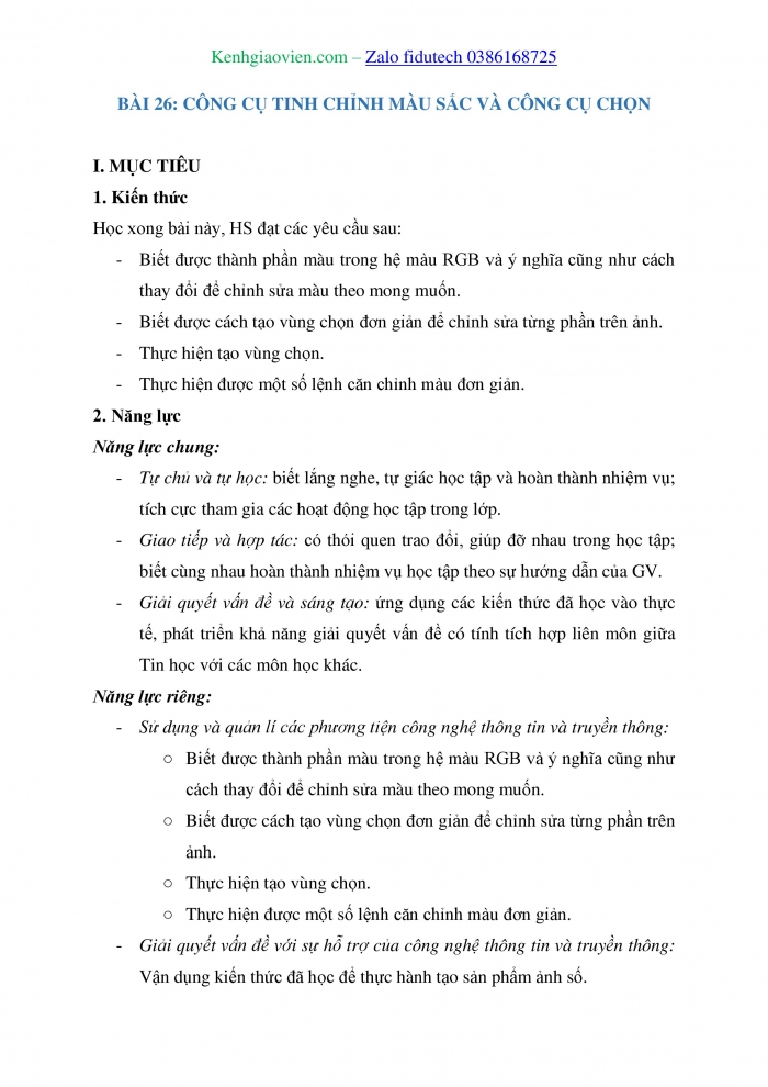 Giáo án và PPT Tin học ứng dụng 11 kết nối Bài 26: Công cụ tinh chỉnh màu sắc và công cụ chọn
