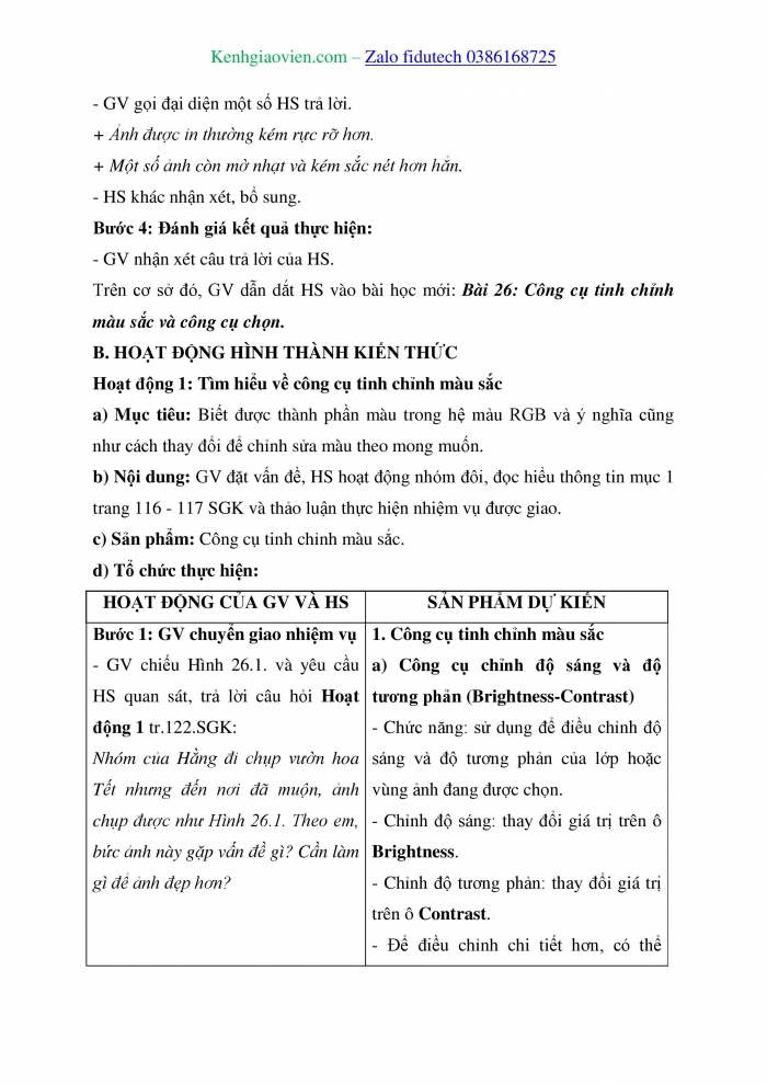 Giáo án và PPT Tin học ứng dụng 11 kết nối Bài 26: Công cụ tinh chỉnh màu sắc và công cụ chọn