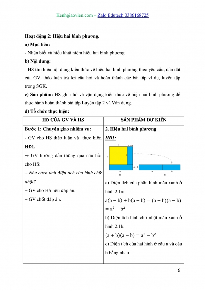 Giáo án và PPT Toán 8 kết nối Bài 6: Hiệu hai bình phương. Bình phương của một tổng hay một hiệu