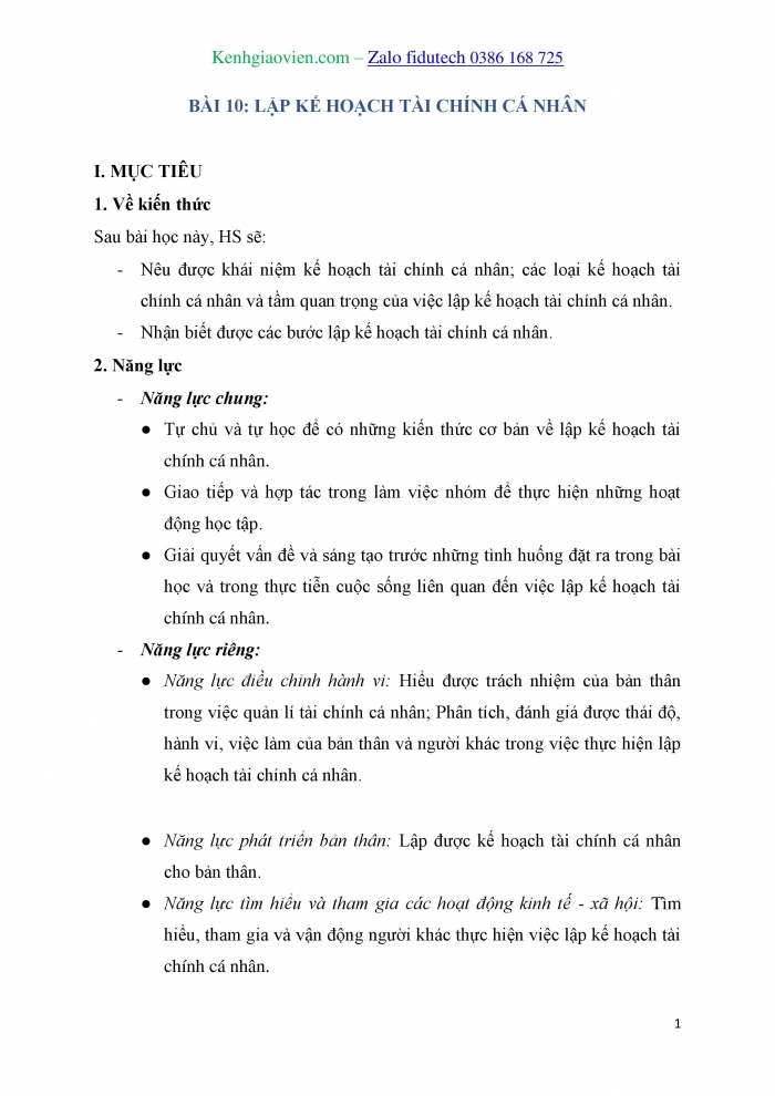Giáo án và PPT Kinh tế pháp luật 10 kết nối Bài 10: Lập kế hoạch tài chính cá nhân