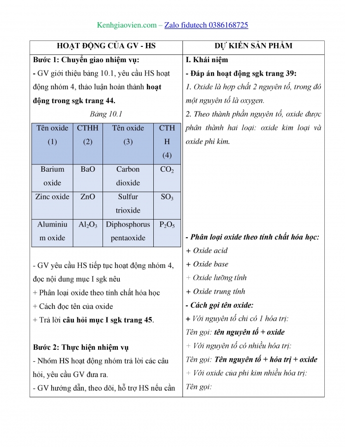 Giáo án và PPT KHTN 8 kết nối Bài 10: Oxide