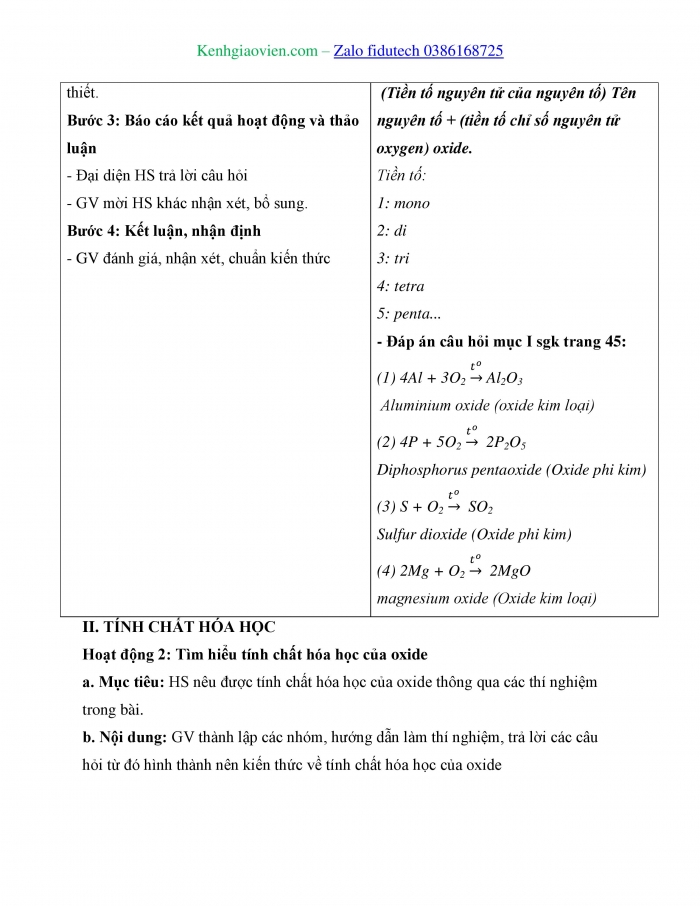 Giáo án và PPT KHTN 8 kết nối Bài 10: Oxide