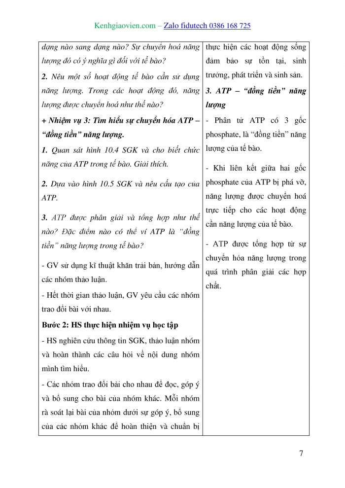 Giáo án và PPT Sinh học 10 cánh diều Bài 10: Sự chuyển hoá năng lượng và enzyme