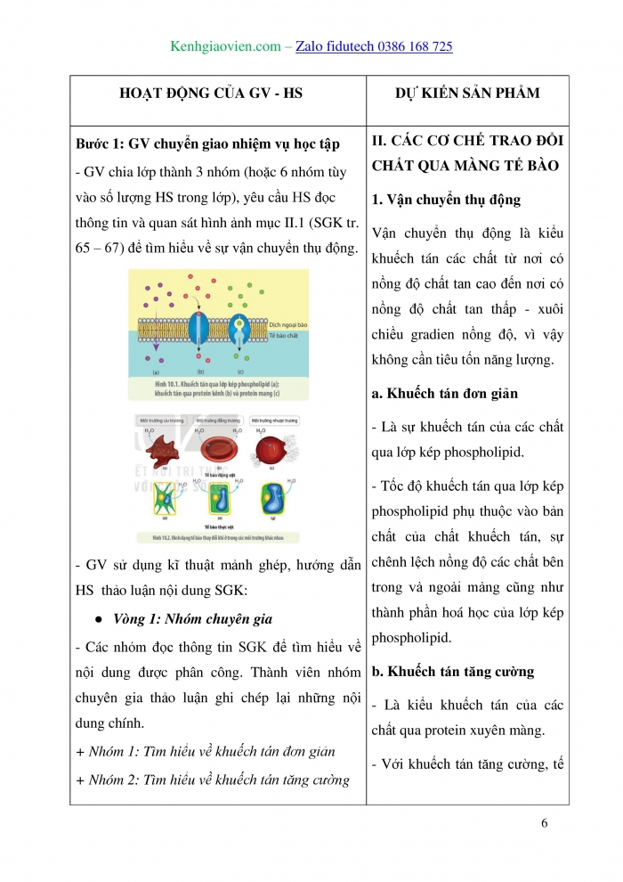 Giáo án và PPT Sinh học 10 kết nối Bài 10: Trao đổi chất qua màng tế bào