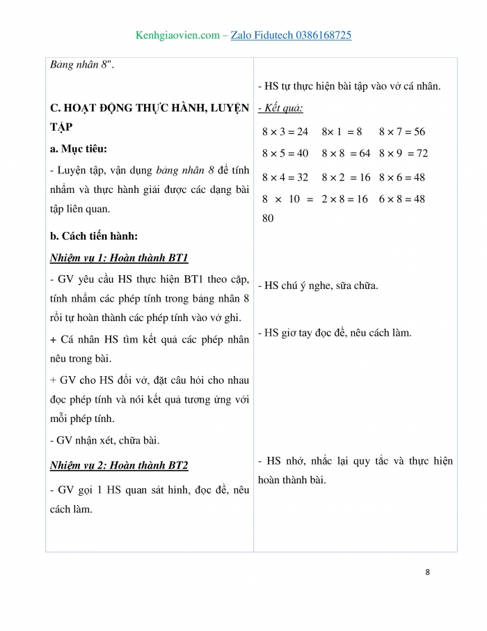 Giáo án và PPT Toán 3 cánh diều bài Bảng nhân 8