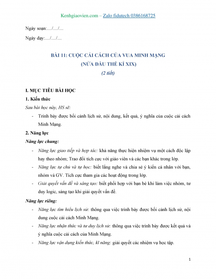 Giáo án và PPT Lịch sử 11 kết nối Bài 11: Cuộc cải cách của Minh Mạng (nửa đầu thế kỉ XIX)