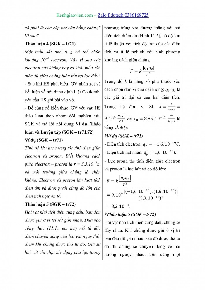 Giáo án và PPT Vật lí 11 chân trời Bài 11: Định luật Coulomb về tương tác tĩnh điện