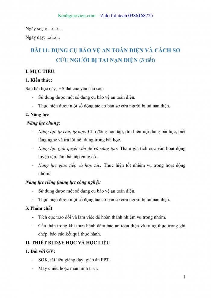 Giáo án và PPT Công nghệ 8 cánh diều Bài 11: Dụng cụ bảo vệ an toàn điện và cách sơ cứu người bị tai nạn điện