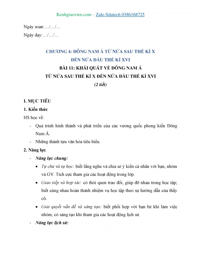 Giáo án và PPT Lịch sử 7 chân trời Bài 11: Khái quát về Đông Nam Á từ nửa sau thế kỉ X đến nửa đầu thế kỉ XVI