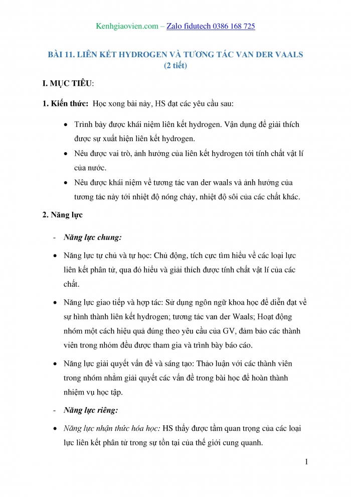 Giáo án và PPT Hoá học 10 chân trời Bài 11: Liên kết hydrogen và tương tác van der Waals
