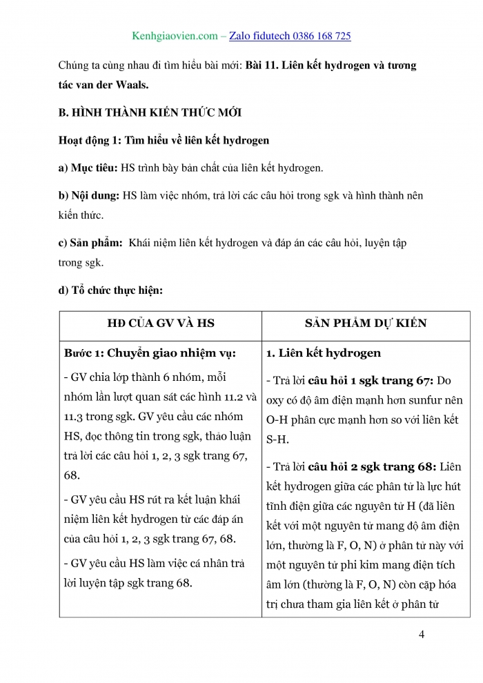 Giáo án và PPT Hoá học 10 chân trời Bài 11: Liên kết hydrogen và tương tác van der Waals