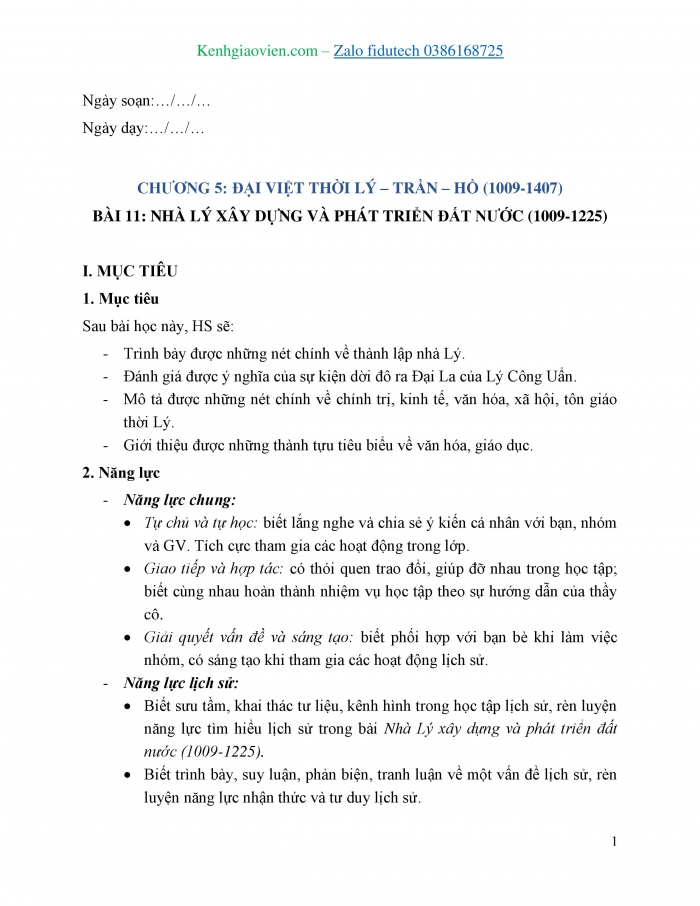 Giáo án và PPT Lịch sử 7 kết nối Bài 11: Nhà Lý xây dựng và phát triển đất nước (1009 - 1225)
