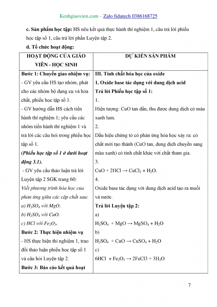 Giáo án và PPT KHTN 8 cánh diều Bài 11: Oxide